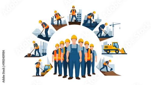 Construction Crew United: A skilled construction crew working to build a vision for the future. An inspirational display of collaboration and industriousness, each person playing an important role. 