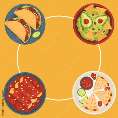 Modern Mexican Food Poster Template with Yellow Background, Latin Cuisine Flyer Design with Flat Illustrations of Tacos, Guacamole, Enchiladas, and Quesadillas