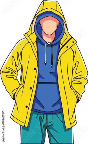 Person wearing yellow jacket and blue hoodie standing still outdoors