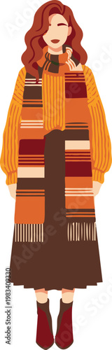Woman wearing orange scarf and brown outfit standing indoors