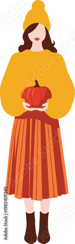 Woman in yellow clothing holding pumpkin outdoors in fall