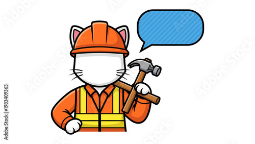 Construction cat with a speech bubble: A cartoon construction cat holding tools, wearing a helmet, and offering a speech bubble.