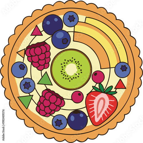 A colorful illustration of a fruit tart with kiwi, strawberries, blueberries, raspberries on a plate indoors