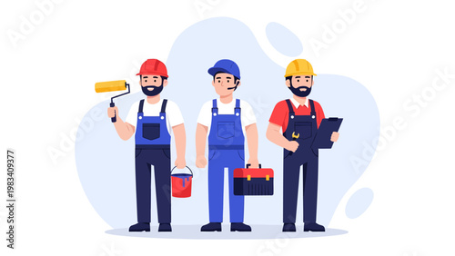 Craftsmen on Duty: A trio of skilled craftsmen stands ready for work, holding their respective tools and embodying professionalism and expertise.