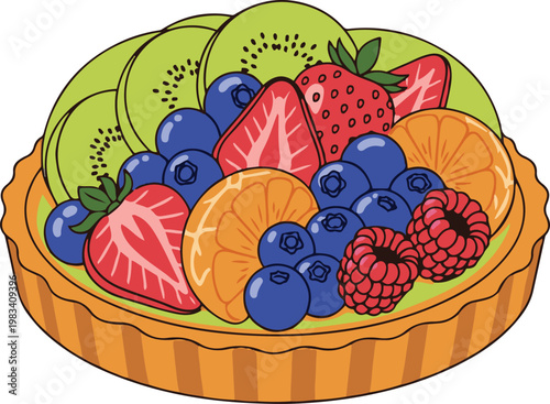 A colorful fruit tart filled with strawberries blueberries raspberries kiwi and oranges on a table indoors