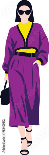 Fashionable woman wearing sunglasses and purple outfit walks confidently outdoors.