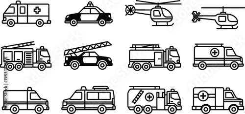 Emergency vehicle icons set ambulances fire trucks police cars and helicopters