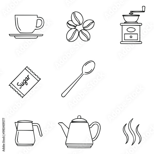 "Coffee Shop Equipment Icon Set Nine Outline Sketch Vector Black White Cup Coffee Beans Manual Grinder Sugar Packet Spoon Jug Teapot Steam Isolated"