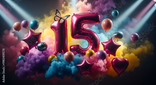 Festive 15th Birthday Celebration with Balloons and Colorful Smoke.