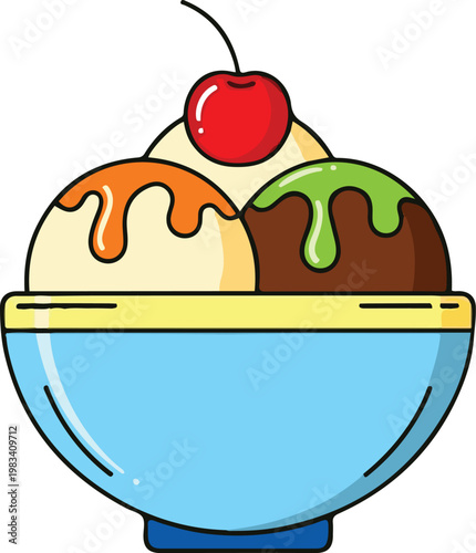 A colorful sundae with ice cream scoops and toppings sits in a bowl