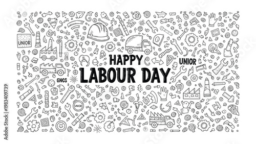 Happy Labour Day: Celebration banner features an intricate doodle art style to celebrate the annual holiday. Featuring a construction helmet, tools, factories, and trucks.