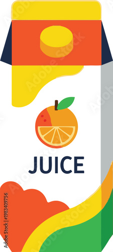 A colorful carton of fresh orange juice on a table indoors.