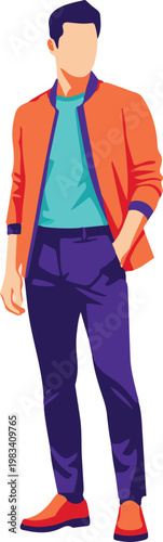 A man in a vibrant outfit stands casually in an urban setting wearing clothes.