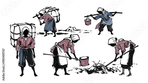 Daily life tasks depiction: A graphic illustration depicting the daily life tasks of several figures. They carry loads and manage various tasks.