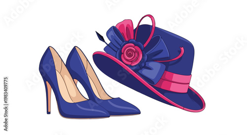 Elegant pair of blue high-heeled shoes and a matching stylish wide-brimmed hat with decorative ribbons for fashion