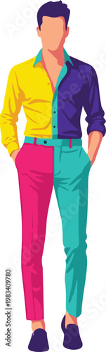 A man in colorful clothes is standing confidently outdoors.