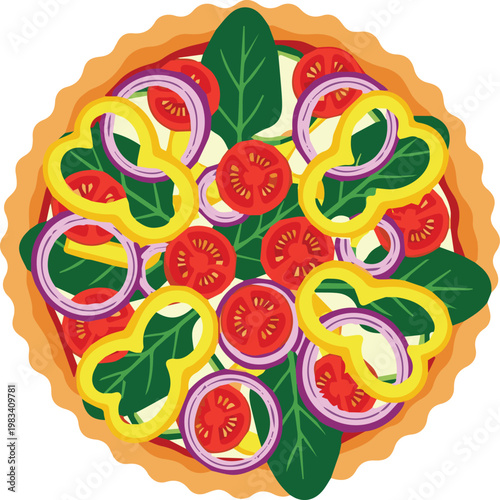 A vibrant illustration of a delicious homemade pizza topped with fresh vegetables