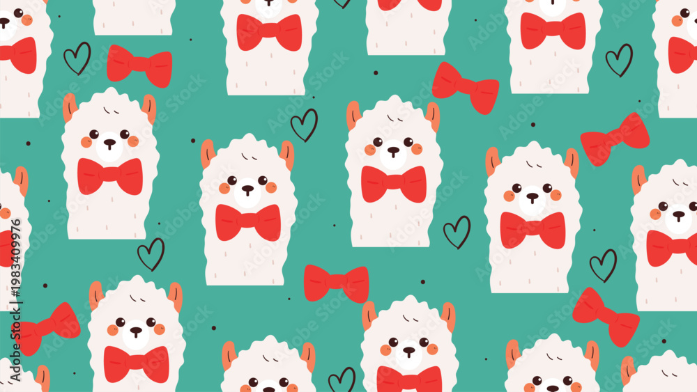 Naklejka premium cute seamless pattern cartoon llama with red bow. cute animal background pattern for desktop wallpaper