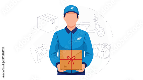 Swift Delivery: A focused delivery courier stands ready, holding a package with precision, surrounded by elements representing efficient transportation and reliable service.