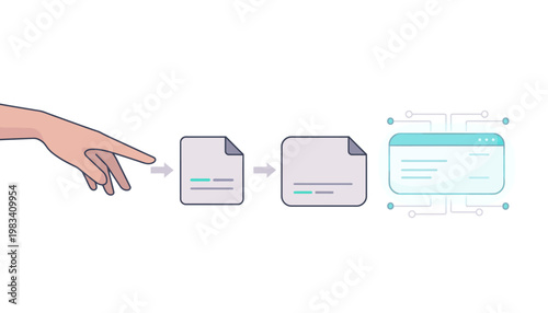 Hand interacting with digital document, abstract transition vector illustration