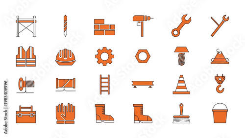 Construction Tool Icons: A collection of various construction tools and equipment arranged in a grid, symbolizing the essential components of construction and building