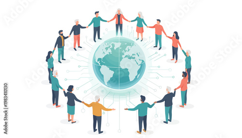 Diverse people holding hands around globe, symbolizing unity and connection vector illustration