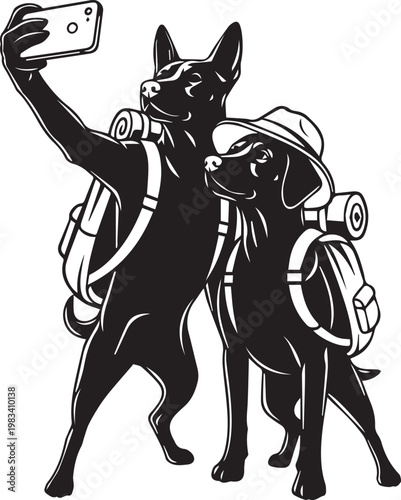 Two dogs wearing backpacks taking selfie with smartphone, adventure and travel concept, dogs exploring outdoors together.