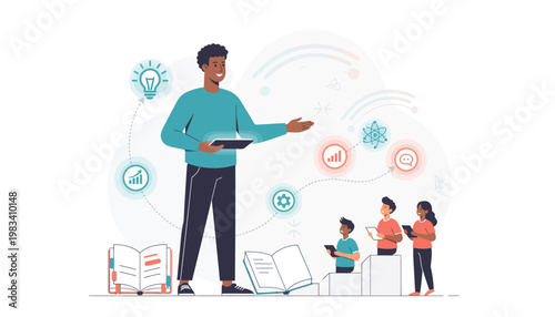 Man holding tablet, surrounded by education and growth icons, flat design