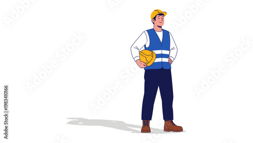 Construction Worker: An illustration of a construction worker standing confidently, clutching a yellow hard hat. This image embodies diligence, safety, and expertise in the construction field.
