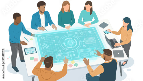 Diverse team collaborating on futuristic interactive screen, vector illustration