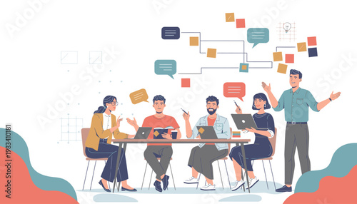 Teamwork and communication in a modern office brainstorming session vector illustration