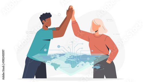Diverse individual interacting with global network on tablet vector illustration