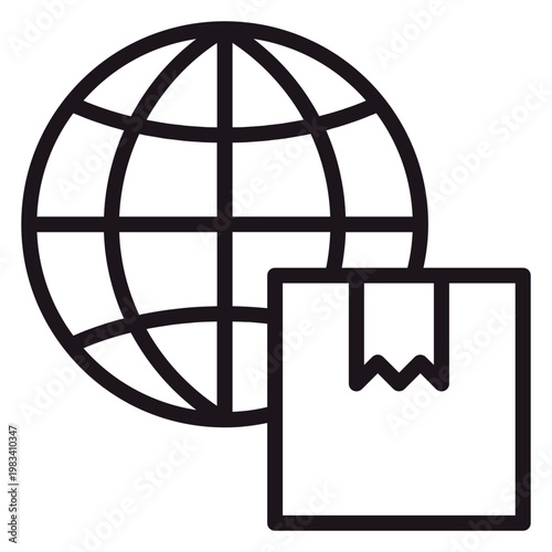 Global shipping and international delivery vector icon featuring a minimalist globe and cardboard box symbol for logistics, worldwide commerce, and e-commerce business concepts.
