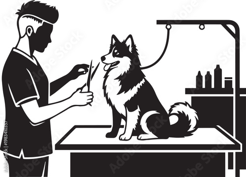 Dog grooming session, groomer with scissors and dog on table, professional pet care, vector illustration art.