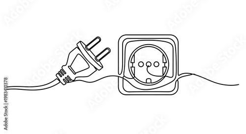 Foto Minimalist black line drawing of an electrical plug and socket on white backgrou