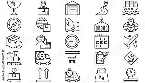 Logistics and shipping vector icon set featuring 25 black minimalist symbols for delivery, e-commerce, transportation, warehouse, navigation, global trade, freight, and business management.