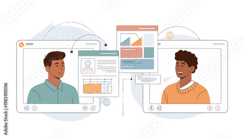 Two people from different continents engaging in seamless video call vector illustration