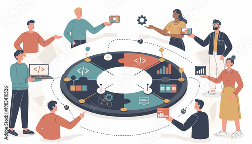 group of people collaborating on coding project vector illustration