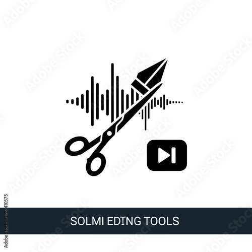 Audio Editing Tools: Scissors Cutting Sound Waveform and Play Button Icon
