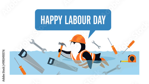 Labor Day Penguin Celebration: A cheerful penguin, clad in a hardhat and work vest, joyfully swims amidst tools as a tribute to labor, the artwork conveying the spirit of the day