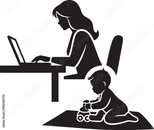 Working mother with laptop while baby plays, multitasking parent, home office, child care, balancing work life, busy mom, early years.
