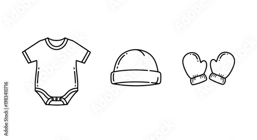 Baby Clothes Set: Bodysuit, Hat, and Mittens - Simple Line Art Icons