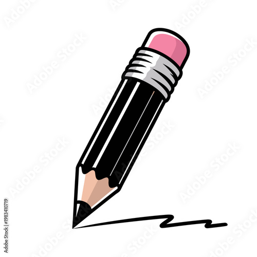 Cartoon pencil with pink eraser drawing on white background
