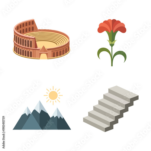 Cartoon colosseum flower mountain with sun stairs icon set on white background