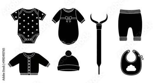 Baby Clothes Silhouette Icon Set: Bodysuit, Sleepsuit, Cardigan, Hat, Bib, Pants, Tie