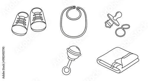 Baby Essentials Collection: Shoes, Bib, Pacifier, Rattle, Blanket - Line Art Icons
