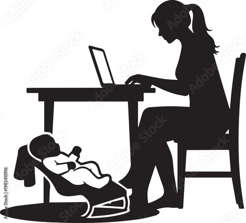 Mother working on laptop near baby in bouncer, symbol of work life balance and modern parenting with technology integration.