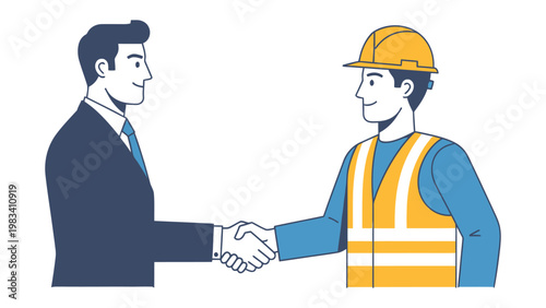 Agreement in the Construction Industry: A handshake seals a deal between a businessman and a construction worker, symbolizing collaboration and partnership.