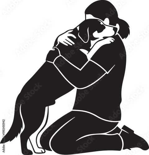 Person hugging dog, expressing love and companionship, connection between human and animal, loyal pet bond, emotional support.