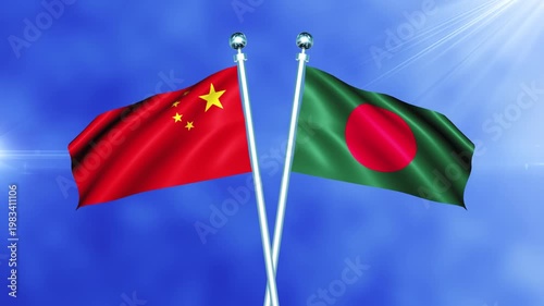 China and Bangladesh Flag Waving On Pole Loop